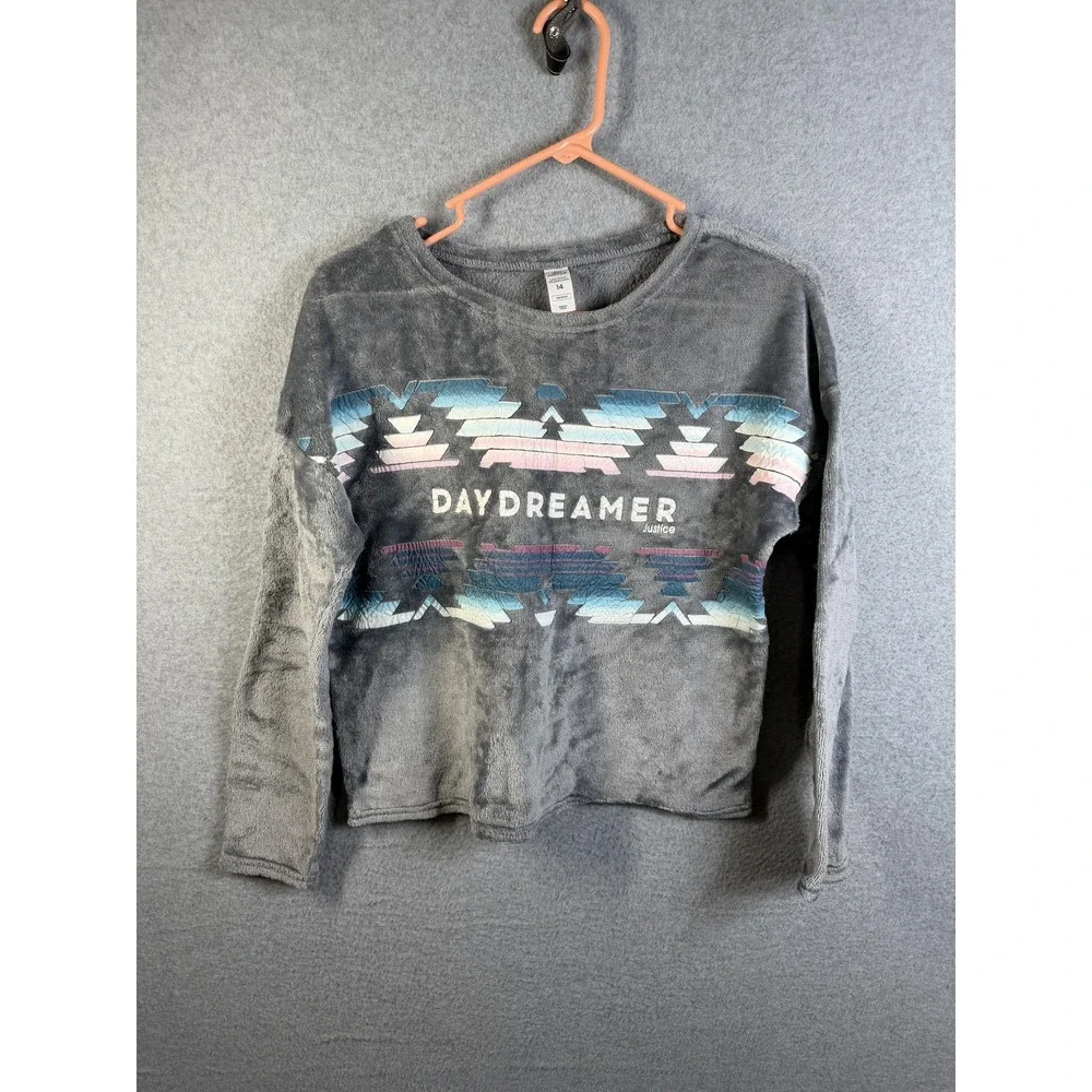 Justice Pajama Top Girls 14 Gray Fleece Daydreamer Graphic Sleep Pullover
